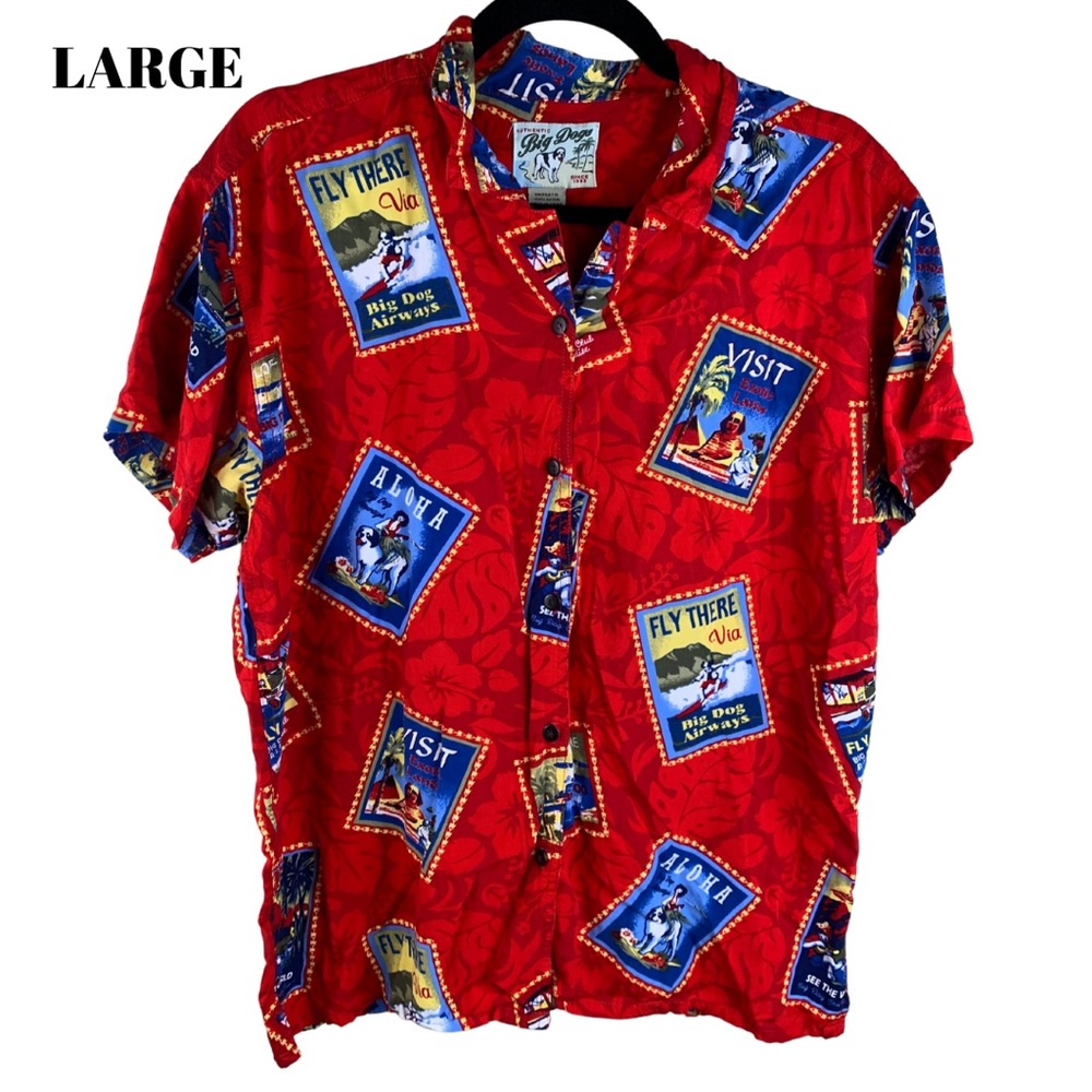 LARGE Red BIG DOGS Aloha Button Up Women’s Shirt World Travel Stamps St. Bernard